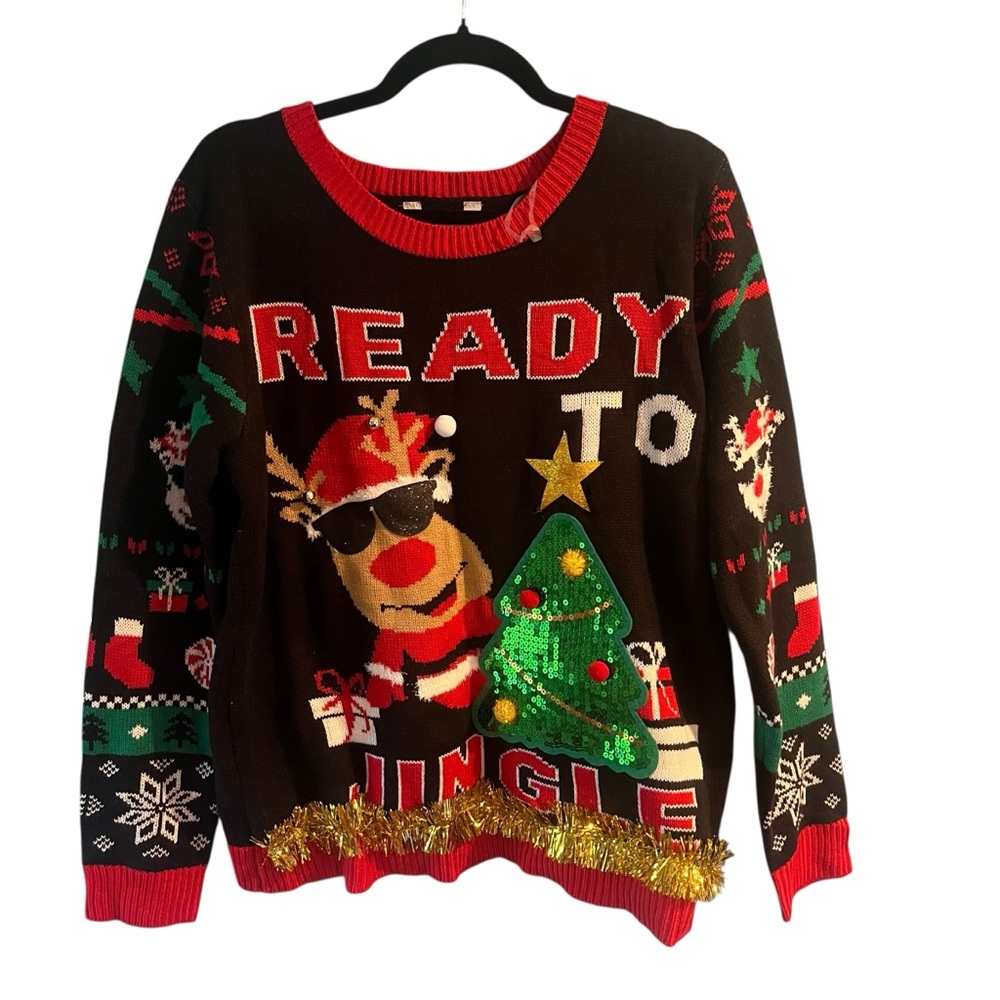 No Boundaries Juniors XXXL Ugly Sweater Ready To Jingle Sequin Jingle Bells